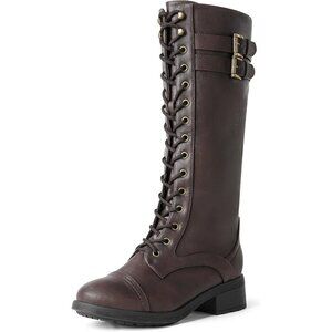 Women's Brown DREAM PAIRS PU Knee-High Riding Combat Boots for Fall and Winter